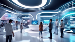 Create an image depicting a futuristic electronics showroom showcasing cutting-edge trends and developments. The scene should include holographic displays,