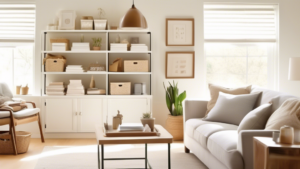 Create an image of a bright and tidy living room that embodies efficiency and organization. The room should feature minimalist furniture, neatly organized