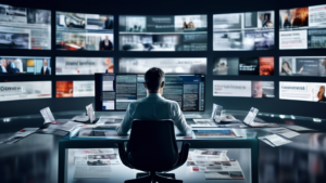 Create an image of a person sitting at a modern desk, surrounded by multiple digital screens displaying various news headlines and articles in German. The