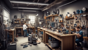 Create an image showcasing a bustling, modern repair workshop with technicians efficiently repairing a variety of household appliances. The scene should in