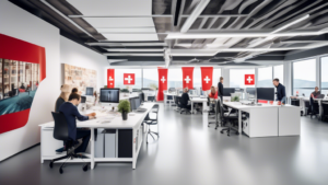 Create an image depicting the bustling atmosphere behind the scenes of the successful Swiss company RAN.CH. Capture a modern office space with diverse team