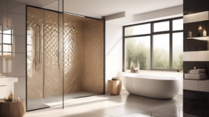 Create an image of a beautifully designed modern bathroom showcasing premium quality tiles from Swiss-Tiles.ch. The scene should feature sleek, glossy tile