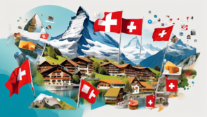 Create an image showcasing a vibrant collage representing the diversity of the Swiss online world, Swiss.de. Include various digital elements like a websit