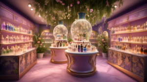 Create an image featuring a whimsical and enchanting perfume shop interior, filled with elegantly designed bottles of various shapes and sizes. The walls a