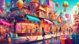 Create an image of a vibrant, bustling online shopping paradise, featuring a colorful, whimsical world with floating shopping bags, smiling characters brow