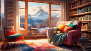 Create an illustration of an imaginative and cozy reading nook, filled with an array of colorful books featuring various genres. The nook is nestled by a l