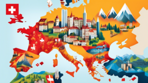 Create an image of a triumphant Swiss company, Brand.ch, symbolically conquering a diverse and bustling marketplace. Visualize a map of Europe with Switzer