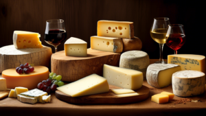 Create an image of a well-lit, rustic wooden table adorned with a rich variety of cheeses from Switzerland. Include an assortment of textures, colors, and