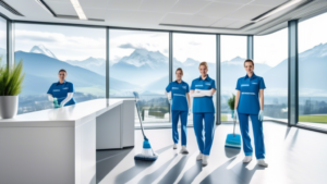 Create an image of a team of professional cleaners dressed in crisp, modern uniforms with the logo Clean.ch on them, efficiently cleaning a large, bright,