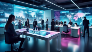 A futuristic office setting featuring advanced digital technology, with holographic interfaces and virtual reality equipment prominently displayed. The roo