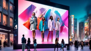 Create an image depicting a futuristic city backdrop with a digitally animated billboard showcasing the brand fashion24.ch. The billboard design features v