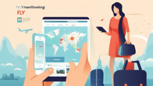 Create an image depicting the advantages of using Fly.ch for travel bookings. Show a modern, user-friendly website interface with a variety of global trave