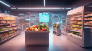 Create an image depicting a futuristic scene of online grocery shopping, highlighting food.ch. The setting should be a high-tech kitchen with a holographic