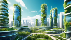 Create an image depicting a futuristic cityscape focused on sustainability, with innovative green technologies integrated into urban life. Highlight a prom