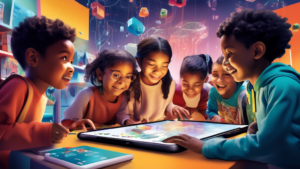 Create an imaginative and vibrant illustration showcasing the transformative impact of education and technology on children's lives. The scene depicts a di