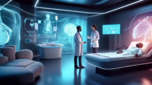 Create an image depicting the future of online medicine with a focus on a futuristic digital health platform called HIP.CH. The scene shows a patient inter