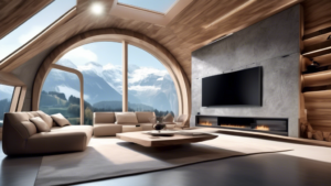 Imagine a futuristic living room set in Switzerland, showcasing the future of interior design. The room features sleek, minimalist furniture with a blend o