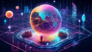 Create an image of a futuristic digital platform that symbolizes global connectivity and exchange. The platform should look like a vast, glowing network wi