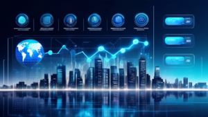 Create an image of a futuristic digital platform interface displaying an array of smart investment options, including stocks, real estate, and cryptocurren