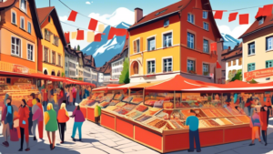 Create an illustration of a vibrant marketplace scene in Switzerland, featuring various stalls with local products, such as Swiss watches, cheese, and choc