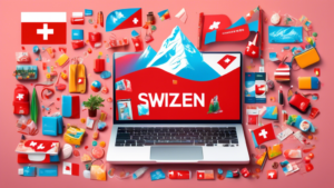 Create an image depicting a vibrant and bustling online shopping experience in Switzerland. Include a sleek, modern laptop displaying a colorful website wi