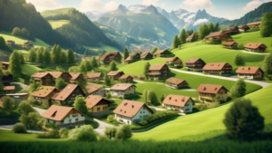 Create an image of a serene Swiss landscape with lush green hills and a small, quaint village. In the foreground, depict a modern digital interface blendin