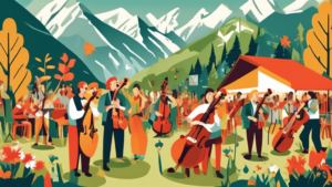 Create an image showcasing the diverse Swiss music scene, featuring a variety of musical genres and instruments. The scene is set in a vibrant outdoor musi