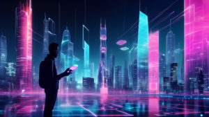 Create an image that visually represents the concept of NT.CH in the digital world. The scene features a futuristic cityscape with towering skyscrapers ado