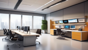 Create an image of a modern, sleek office space incorporating cutting-edge technology and ergonomic furniture. The room should be well-lit with a combinati