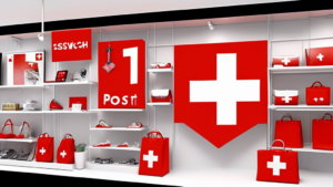 Create an image of a vibrant and bustling Swiss online marketplace called Post-Shop.ch. Showcase a variety of products one might find on this platform, inc