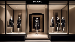 Create an image showcasing the essence of the luxury brand Prada.ch. Capture a sophisticated and elegant storefront featuring the latest Prada collection,