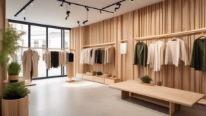 Create an image of a modern, eco-friendly fashion boutique located in Switzerland. The store should feature a minimalist and stylish interior design with w