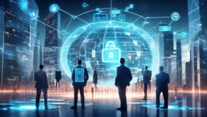 Create an image that showcases a futuristic cityscape representing the digital world and highlights the importance of cybersecurity. In the foreground, dep