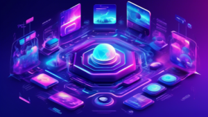 Create an image depicting a futuristic digital world filled with vibrant, glowing hues of blue and purple, representing the theme of innovative streaming t