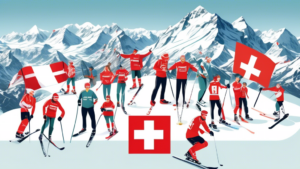 Create an image of a lively online community of Swiss sports fans on a digital platform called swiss-fans.ch. The scene should depict a diverse group of pe