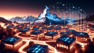 Create an image of a digital landscape with elements representing a high-tech Swiss internet infrastructure. Include a stylized map of Switzerland with glo