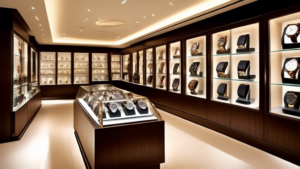 Create an image of a luxurious showroom filled with an exquisite collection of high-end Swiss watches. The setting should exude elegance and sophistication