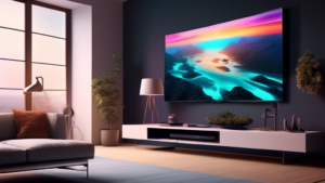 Create an image showcasing a futuristic living room with a state-of-the-art television on the wall. The TV features a sleek, ultra-thin design with no visi