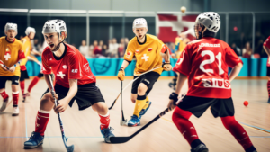 Create an image that showcases a vibrant and dynamic scene of a floorball game being played in an indoor Swiss sports arena. Capture players from different