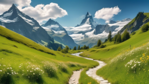 Create an image of a picturesque Swiss landscape featuring a winding hiking trail. The scene should include lush green meadows, diverse wildflowers, and ma