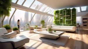 Create an image depicting a futuristic urban living space designed by Wohnung.ch, showcasing innovative architecture and smart home technology. The scene s